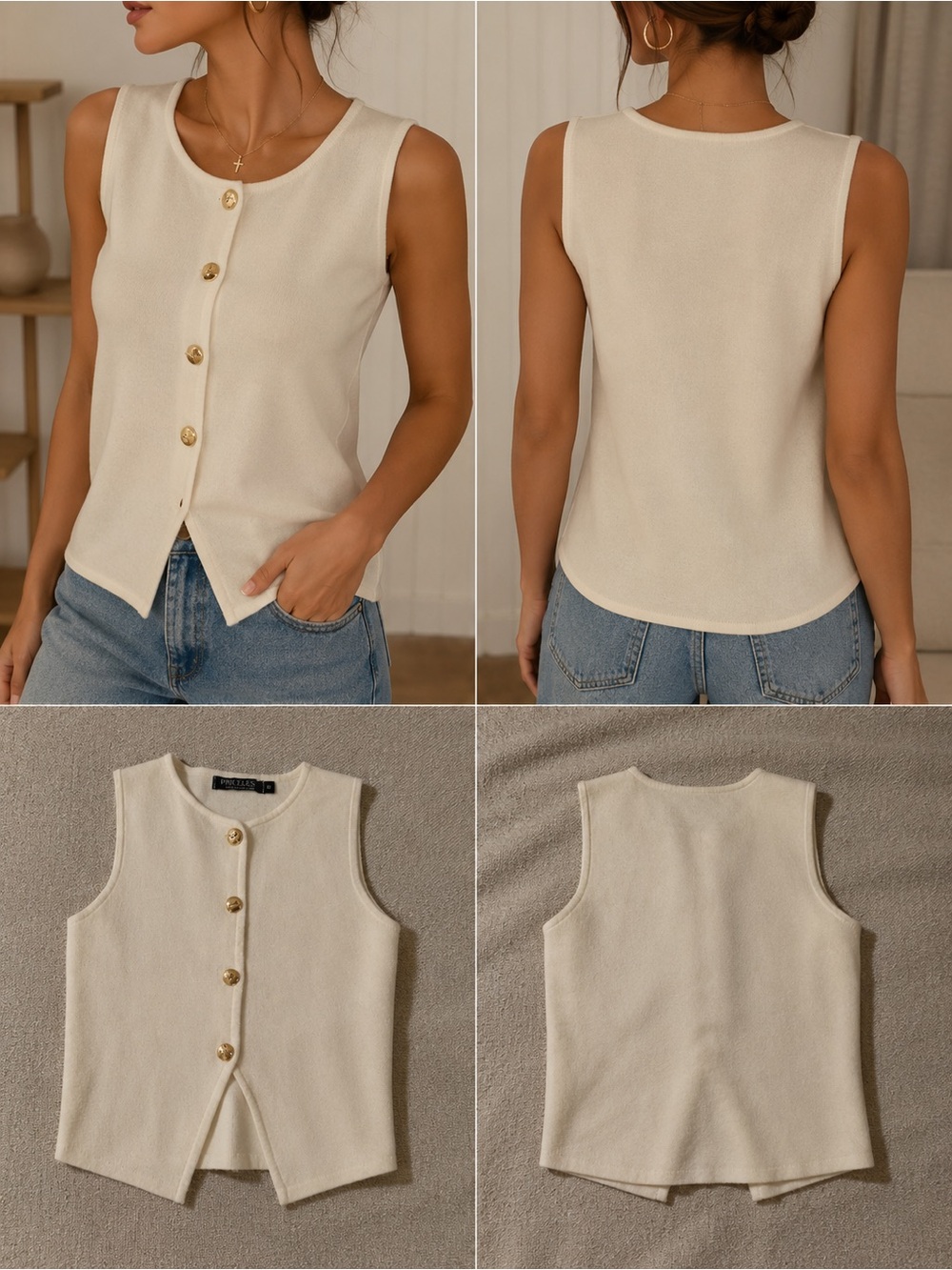 Sleeveless Cream Button-Front Knit Tank Top